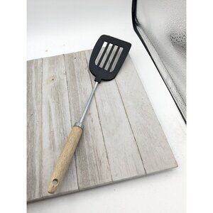 Vintage Unbranded Angled #1 Nylon Spatula Flipper Black Slotted Wood Handle 13"